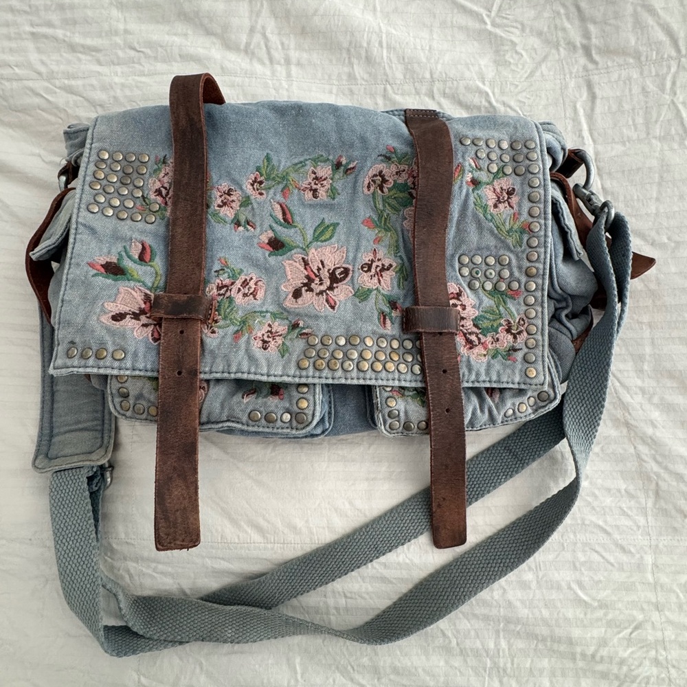 FP Floral Embroidered Denim Messenger Bag